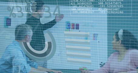 Presenting data and graphs, business team in meeting with digital image overlay