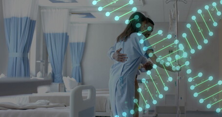 DNA strand image over nurse assisting patient in hospital room