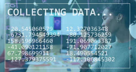 Collecting data image over person writing on transparent board in office