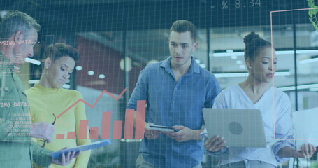 Binary code and financial data over diverse business people discussing in office