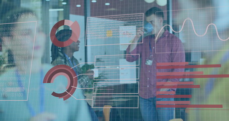 Binary code and financial data image over diverse business people in office