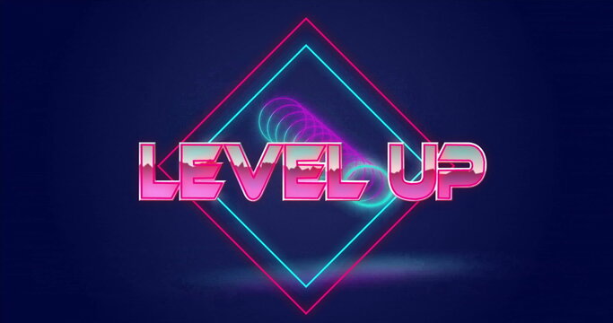 Level up text image over blue shapes on dark background