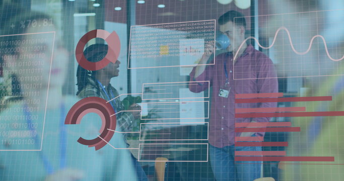 Binary code and financial data image over diverse business people in office