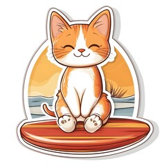 Obraz premium Paddle board, Sticker, Happy, Warm Colors, Cute Cat, Contour, Vector, White Background, Detailed