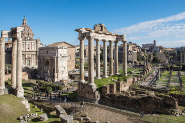 Roman Forum archaelogical site destination. Temples, churches, colosseum. Rome, Italy