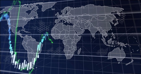Financial data and stock market chart image over world map background