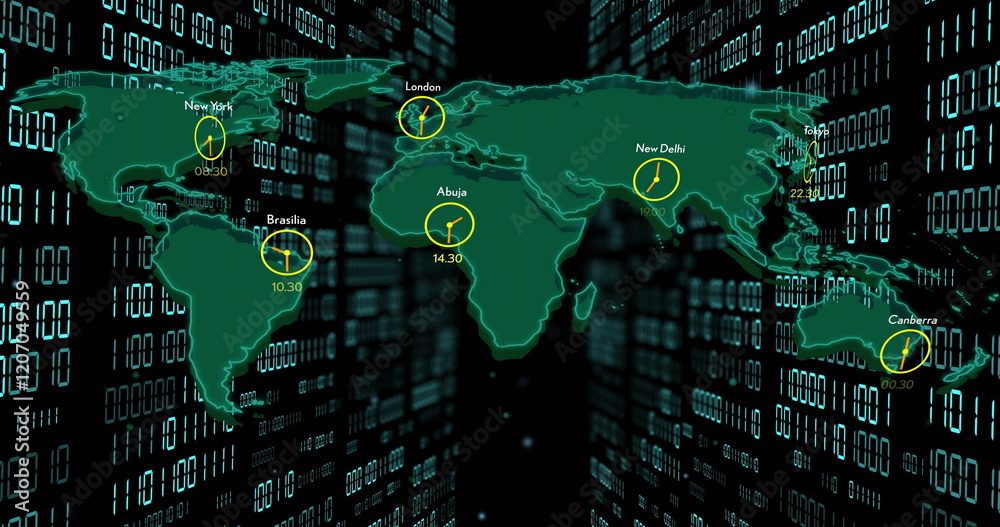 Poster world map with city times image over binary code background