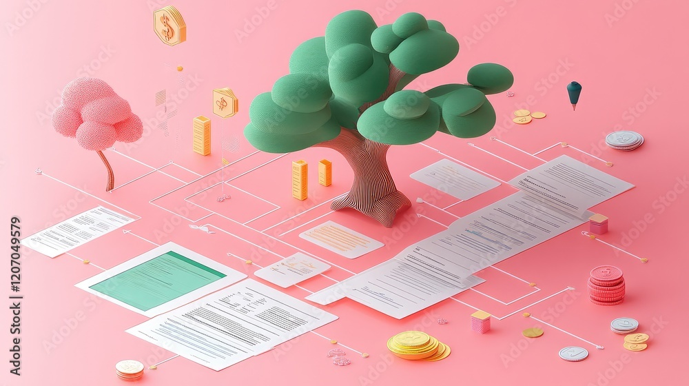 Poster a conceptual image of a financial planning flowchart with stages and data points, symbolizing organi