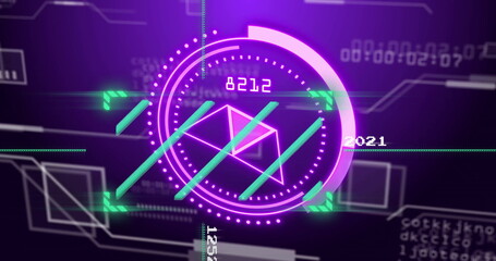 Digital data processing with futuristic image of geometric shapes and numbers