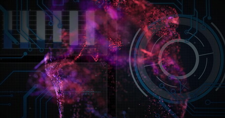 Digital particles forming abstract shapes over futuristic interface with circular elements