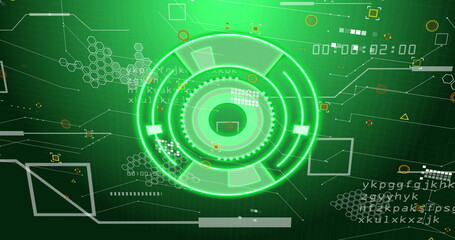 Green digital interface with circular image over futuristic data and coding elements