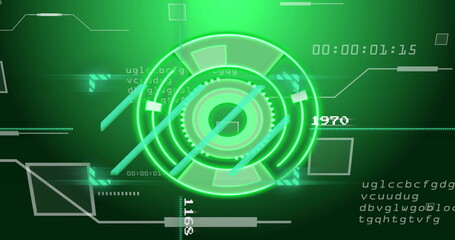 Futuristic green HUD interface image with rotating circles and digital data