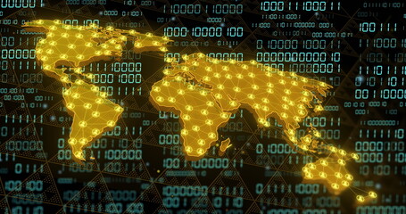 World map with network connections over binary code image