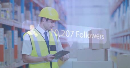 Warehouse worker using tablet over image showing 329,020 followers