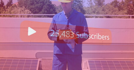 Construction worker holding tablet over subscriber count image
