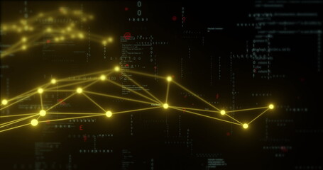 Network connections and data processing image over dark background with code
