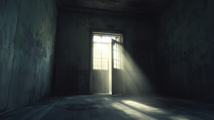 Fototapeta premium Empty door opened light. Light shining through open door 3D realistic Illustration
