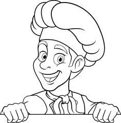 A chef or baker cartoon cook food man mascot character peeking around a sign or menu with copy space illustration