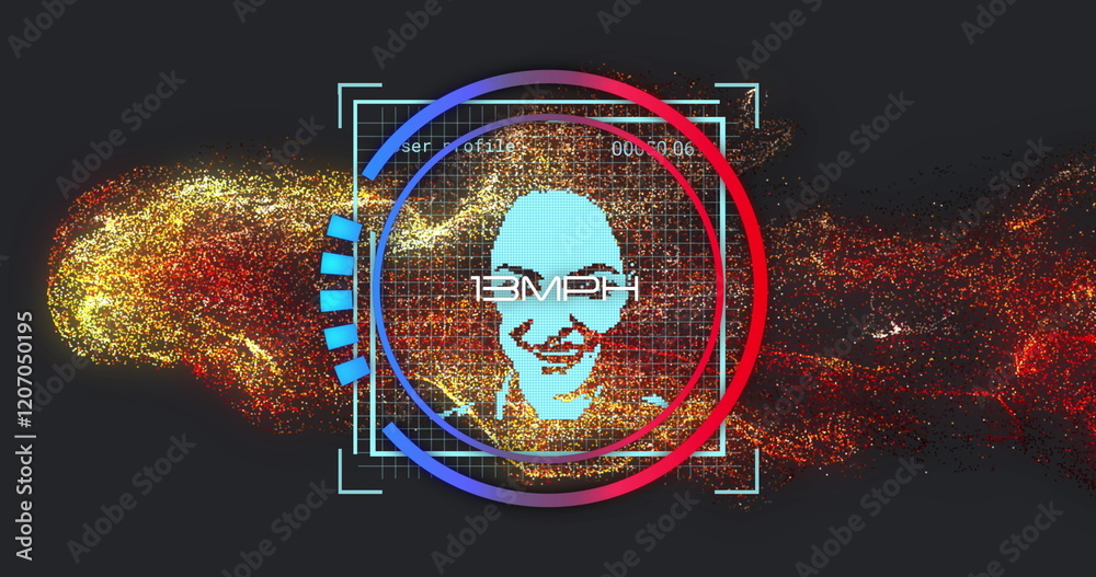 Poster digital face and speedometer image over abstract background with red and blue elements