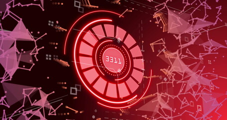 Obraz premium Digital counter displaying 1587 with geometric shapes and network connections image