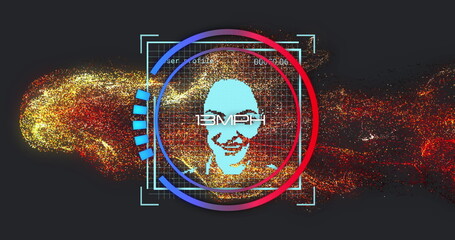 Digital face and speedometer image over abstract background with red and blue elements