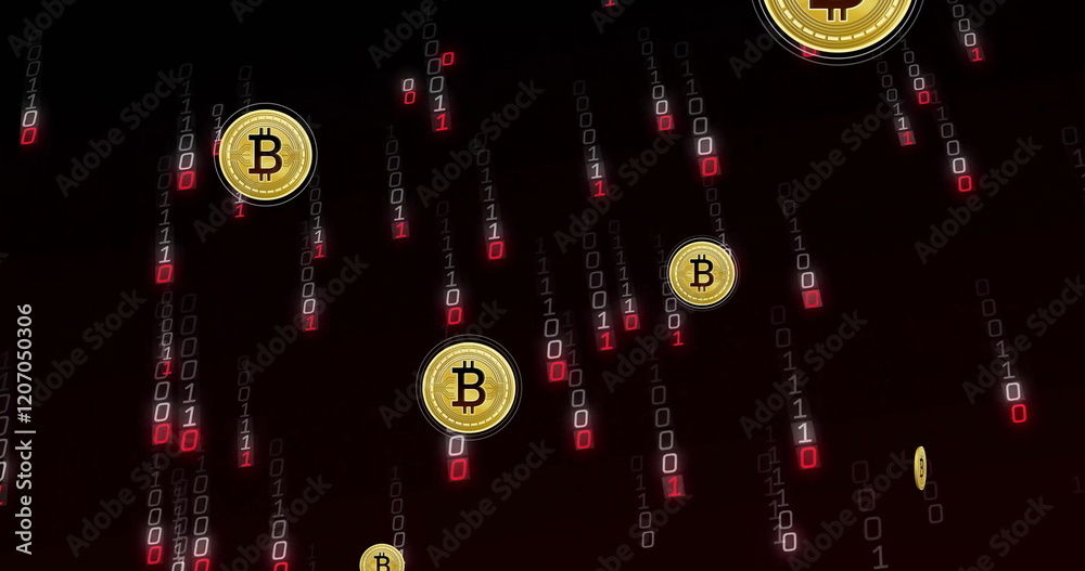 Poster bitcoin symbols and binary code image over dark background