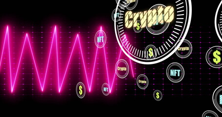 Crypto and NFT symbols image over black grid background