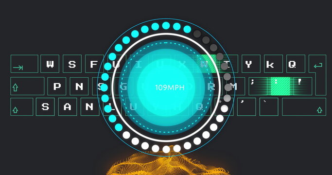 Speedometer showing 60MPH image over digital keyboard and abstract orange waves - Powered by Adobe