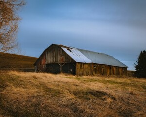 Obraz premium Rustic wooden barn in a rural landscape with dry grass under a clear blue sky in Idaho