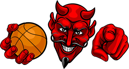A devil man holding basketball ball and pointing sports team mascot illustration.