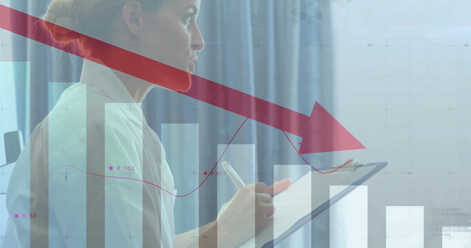 Red downward arrow and bar chart image over businesswoman holding clipboard