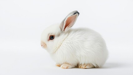 Obraz premium Adorable fluffy bunny sitting on a gray background, domestic, pet