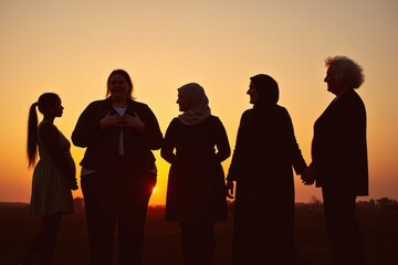 A group of women stands together, including a white woman, an African girl, a plus-size girl, a girl in a hijab, and an elderly white woman, silhouetted against a sunset. International Women's Day