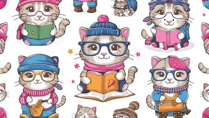 Fototapeta premium Seamless pattern with hipster cute cats for children