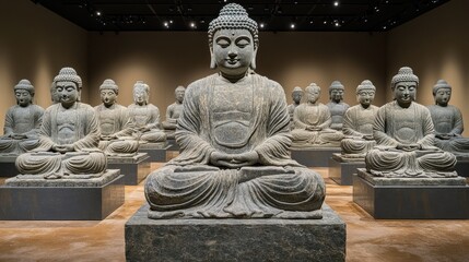 Ancient Buddha statues in museum exhibit