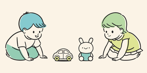 向かい合っておもちゃで遊ぶ幼児の簡単で可愛い手描きイラスト