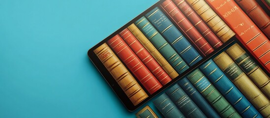 Obraz premium Digital Library: Bookshelf on Tablet, E-reading and Knowledge