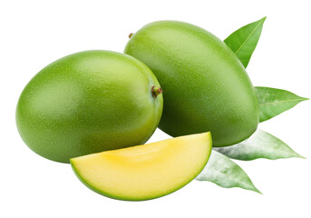 two whole green mangoes with a sliced piece and green leaves isolated on white background