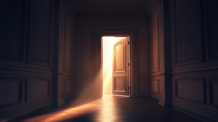 Empty door opened light. Light shining through open door 3D realistic Illustration