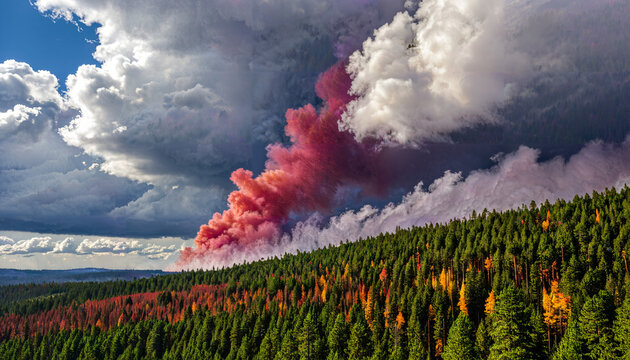 Nuages dramatiques au-dessus d'une for&ecirc;t en proie &agrave; un incendie