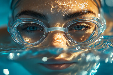 Close-up Portrait of a Swimmer Adjusting Their Goggles Before Entering the Pool, with the Water Surface Glistening in the Background, Ready for a Competitive Race or a Relaxing Swim