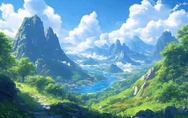 Naklejka premium Aerial View Peaceful Mountain Landscape with Birds and Water