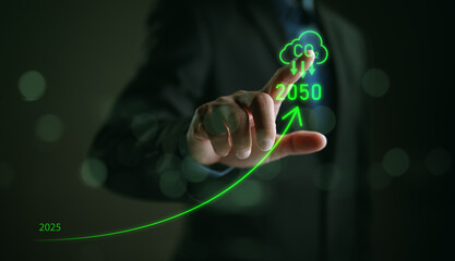 Businessman show increasing arrow with carbon reduction for decrease CO2, carbon footprint and carbon credit to limit global warming from climate change, Bio Circular Green Economy concept.