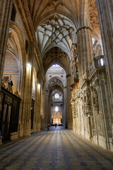 Large side nave, archs, ceiling and giant columns inside the Salamanca Cathedral, Castile and Leon, Spain