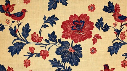 Red and blue floral fabric with birds, textile design, close-up