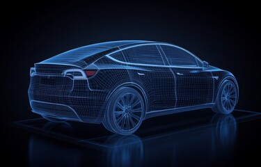Wireframe model of electric SUV on dark background.