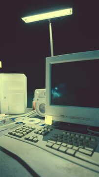 A room filled with a variety of appliances, including old computer equipment, creating a cluttered and tech-filled space with distortion and interference.