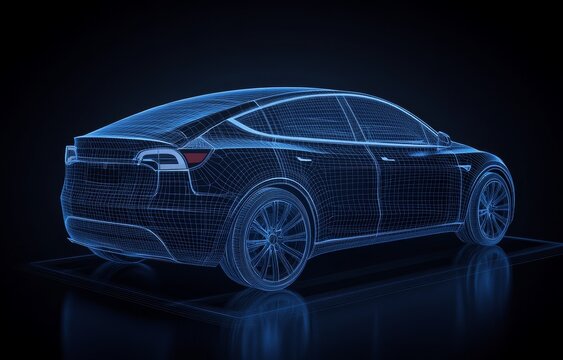Wireframe model of electric SUV on dark background.