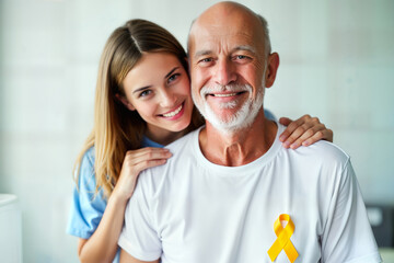 Portrait of an elderly man wearing white t-shirt and yellow cancer ribbon at the right brest. Young woman hugs the elderly man by the shoulders. Concept of cancer awareness.