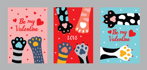 Fototapeta premium Poster with colored cat paws and hearts.Vector illustration. Cute Valentine's Day illustration. Interior poster . 